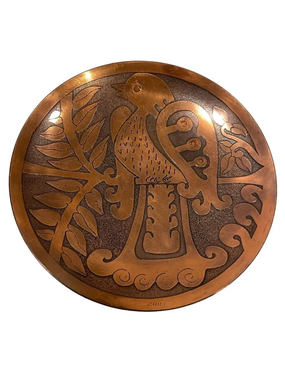 Set of Vintage Etched Copper Chilean Art Plates Folk Art Modernist Birds